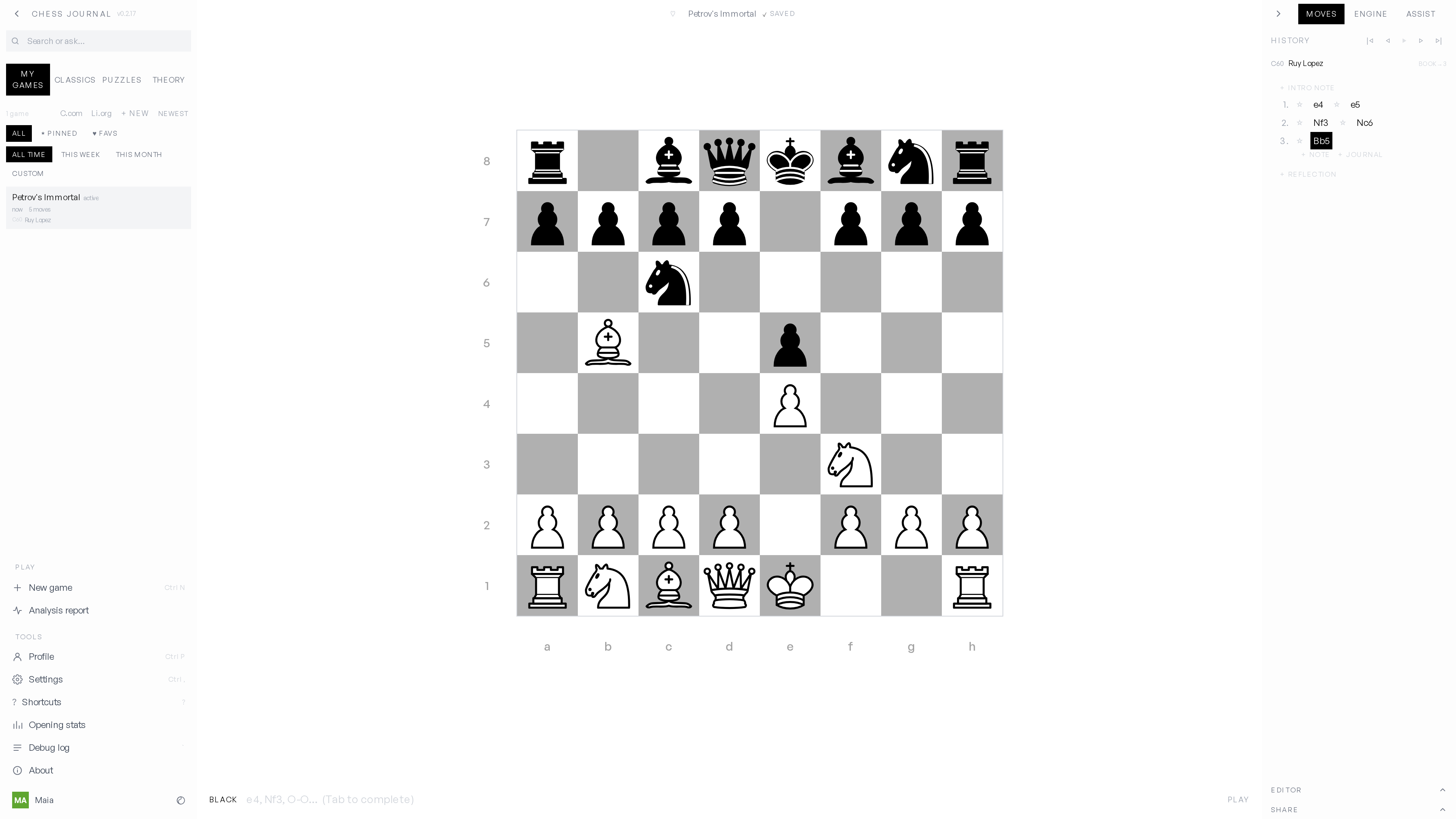 Chess Journal desktop — board mid-game with move history