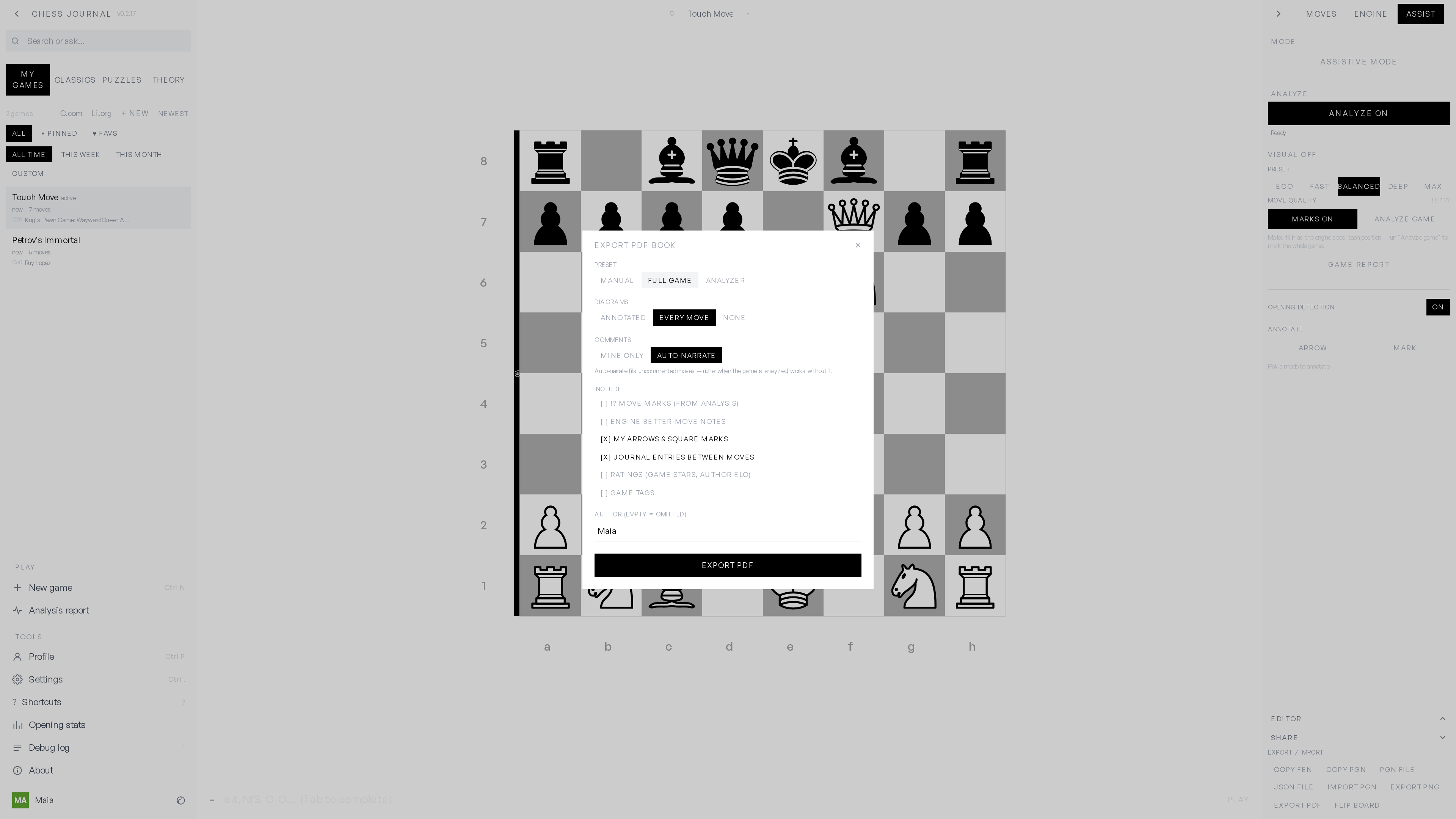 PDF export dialog