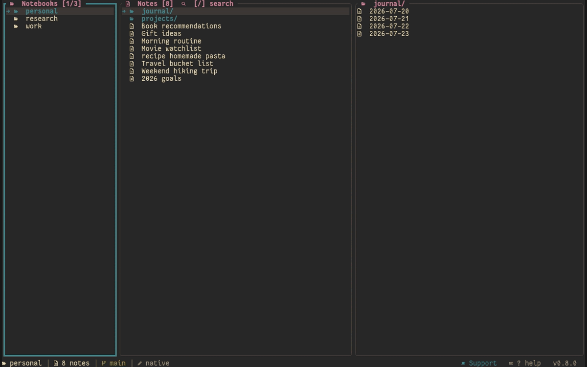 Animated demo of shiki: browsing notebooks and nested folders, global and in-notebook fuzzy search, tags, multi-select batch delete, creating and moving folders, writing a full note, a git commit, and live theme switching