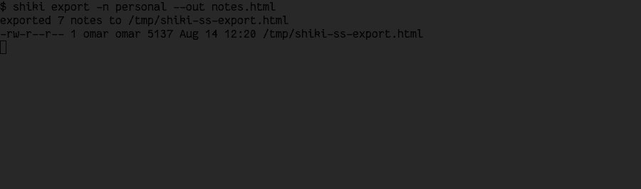 shiki export bundling a notebook into a single HTML file, confirmed via ls
